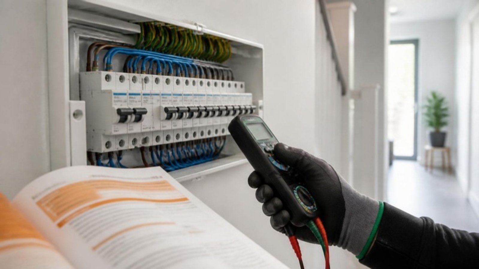 Electrician testing a modern consumer unit with the wiring regulations book
