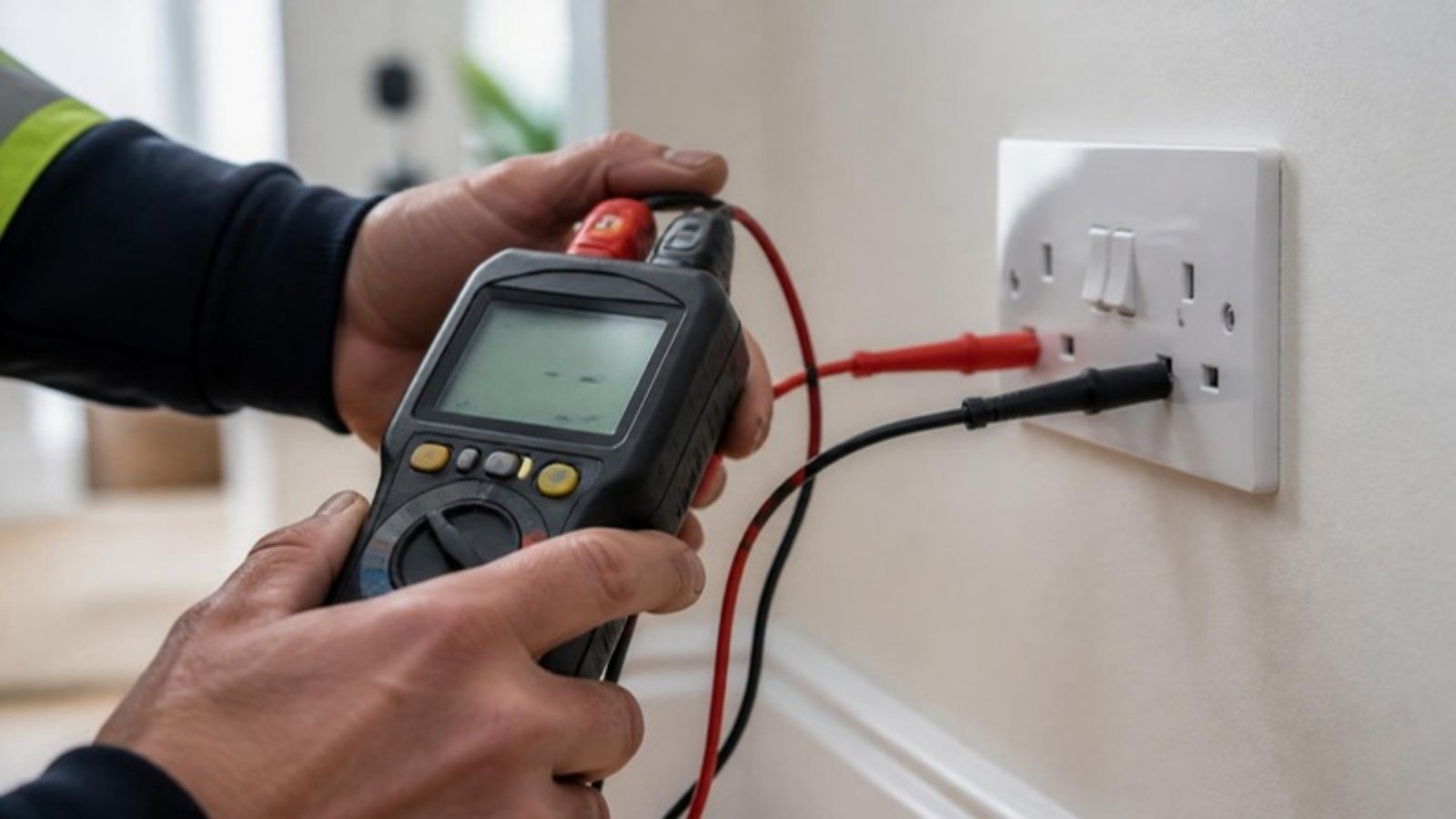 Electrician testing a socket with a multifunction tester