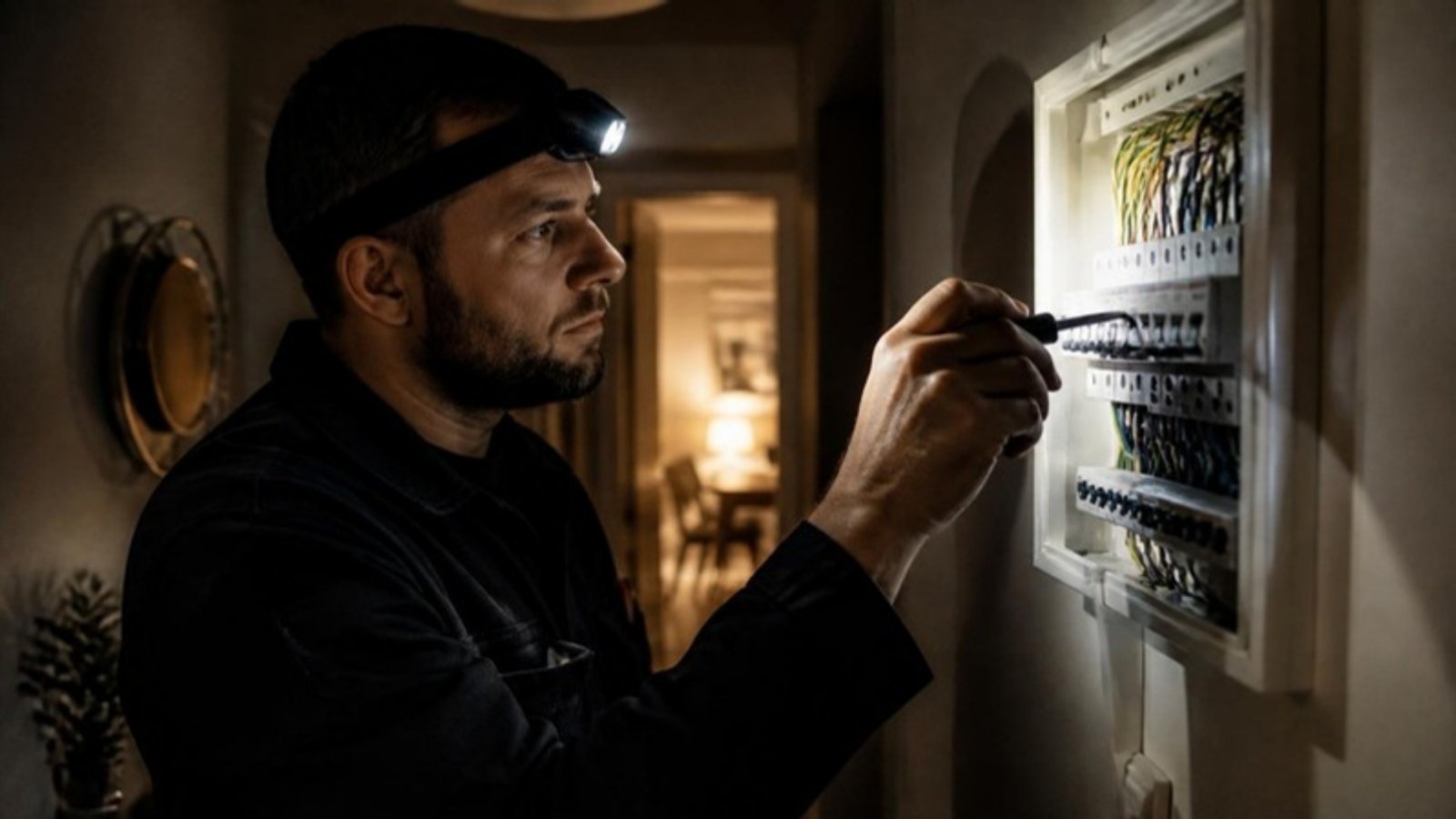 Electrician inspecting a consumer unit at night