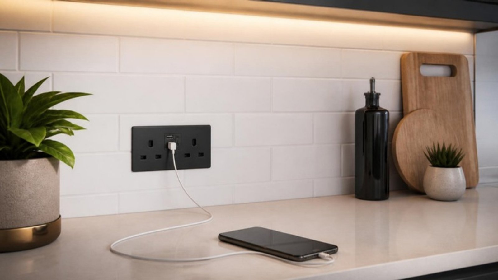 Black USB double socket on a kitchen splashback
